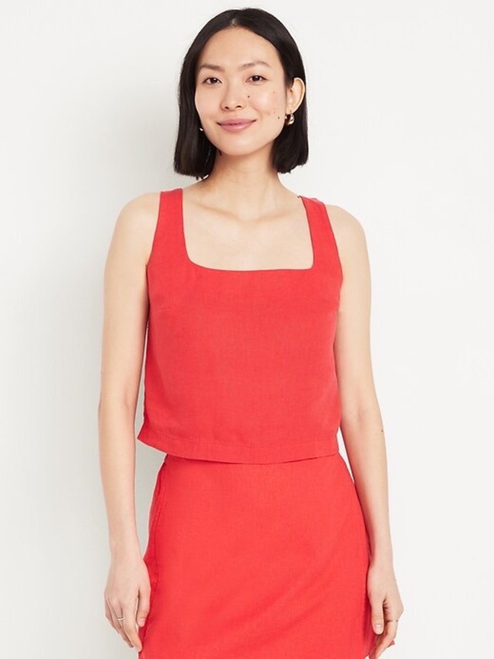 Old Navy Cropped Square-Neck Linen-Blend Top Bright Coral Size Medium
